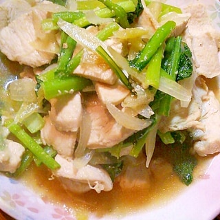 鶏肉と小松菜と玉ねぎのめんつゆ炒め